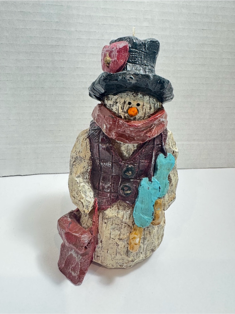 Hand-Carved Style Snowman Wax Candle Rustic, Hand Painted, Multicolor, 6” Tall